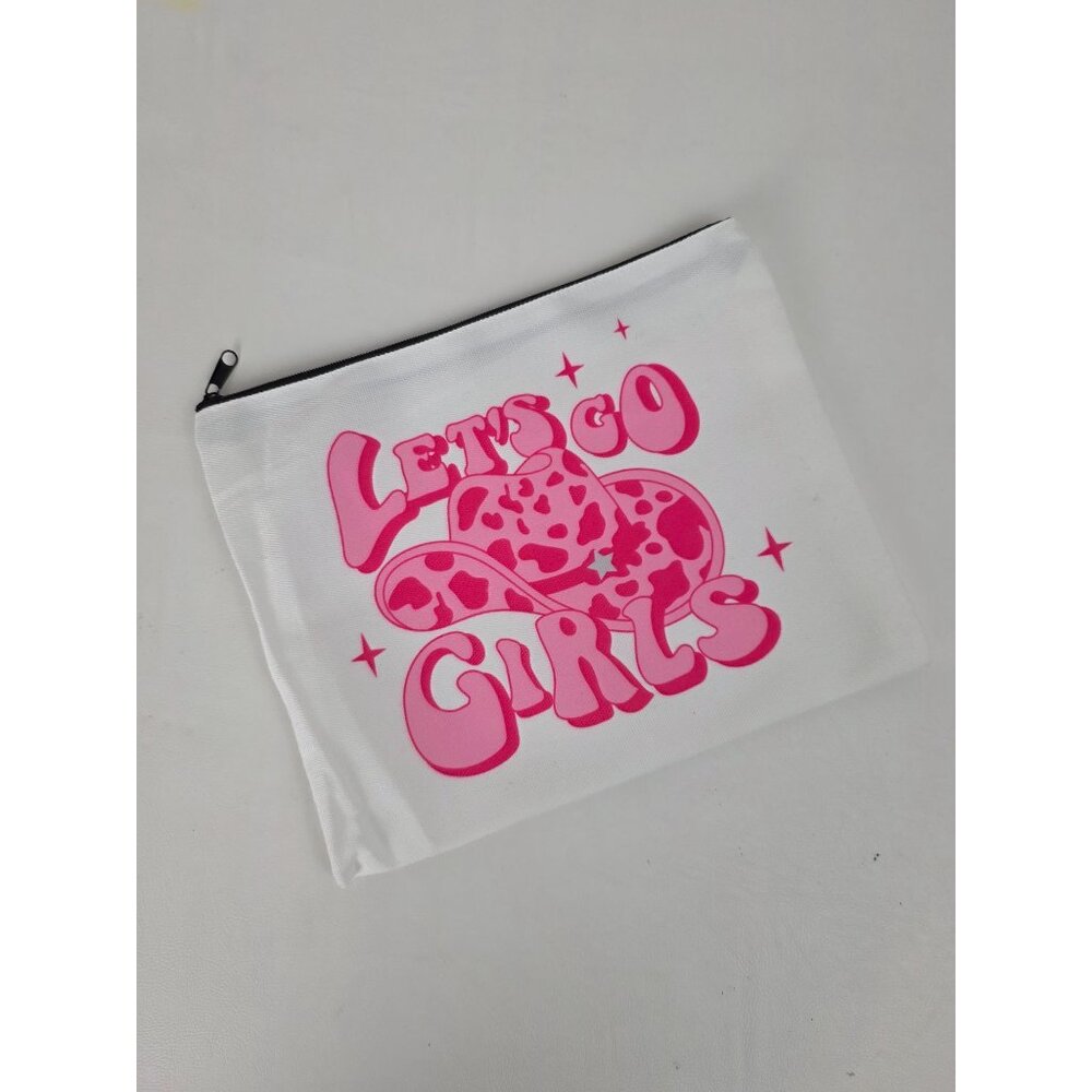 Lets Go Girls White Zippered Pouch With Pink Cowgirl Hat Rodeo Princess